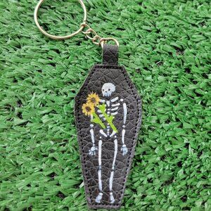 New Handmade Painted Faux Leather Keychain - Sunflower Skeleton Coffin
